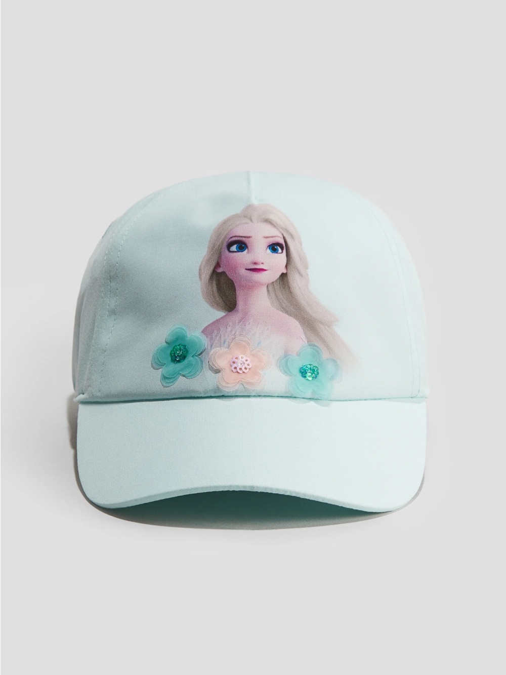 H&M Elsa Frozen Girls' Light Blue Character Baseball Cap w/ Floral Appliqués 4T